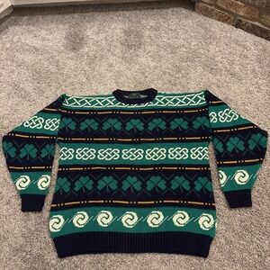 Emerald Isle Sweater Mens Medium Navy Celtic Claddagh Shamrock Made in Ireland